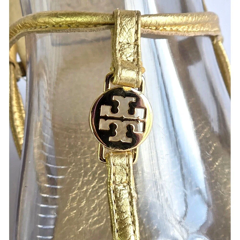 TORY BURCH Gold Emmy Wedge Sandals Metallic Leather Sz 10 Logo Ankle Strap